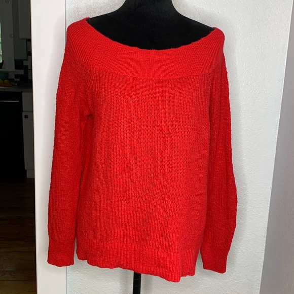 Gap Red Off Shoulder Wide Neck Cotton Knit Sweater L cozy cabincore holiday - Picture 1 of 5